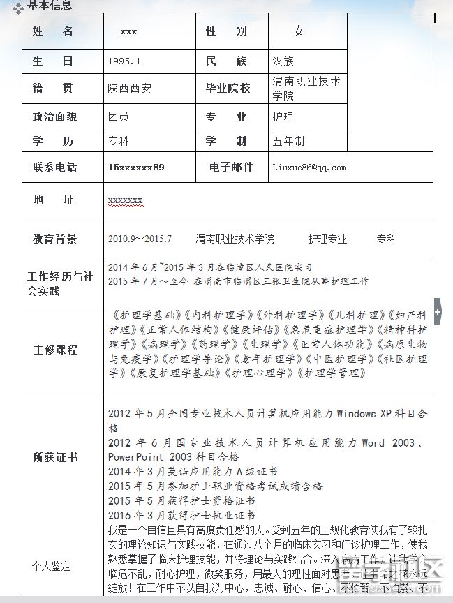医疗护理个人简历表格下载