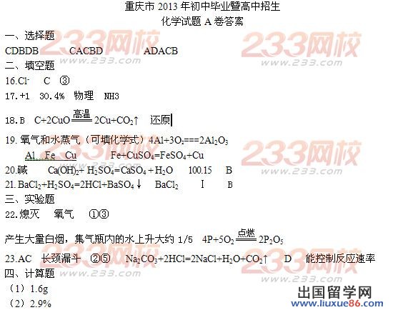 2013重庆中考化学试题及答案（A卷）
