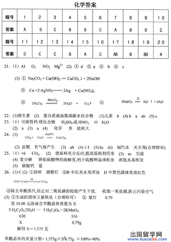 江苏扬州2013年中考化学答案（图片版）