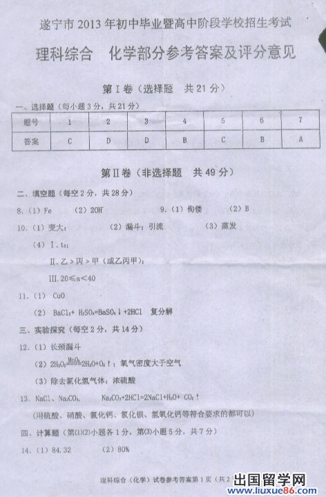 四川遂宁2013年中考化学答案（图片版）