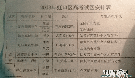 2013上海高考各区考场安排