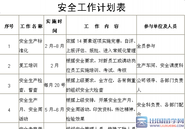 安全工作计划表 安全工作计划表【免费下载】【6】