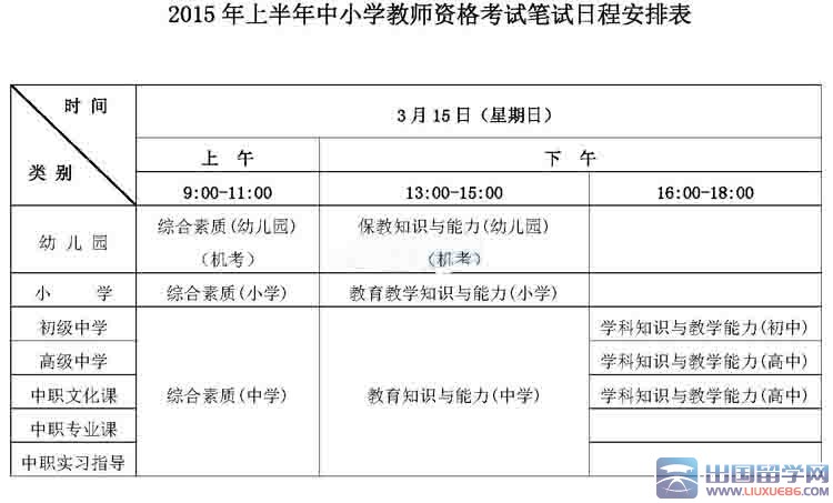上海教师资格证考试时间（2016上半年）