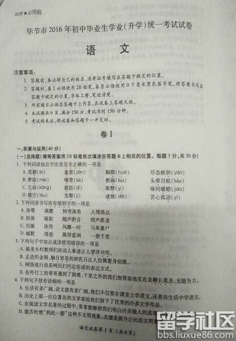 2016贵州毕节中考语文试题