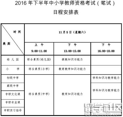 2016下半年云南教师资格证考试时间：11月5日