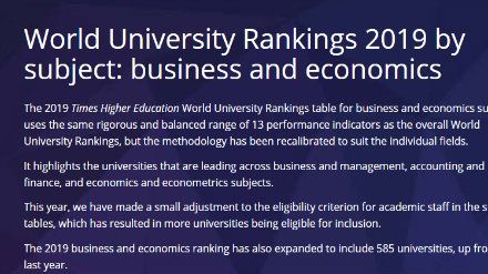 2019泰晤士高等教育世界大学学科排名 商科与经济学
