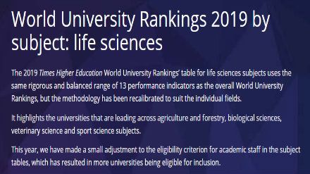 2019泰晤士世界大学排名 生命科学