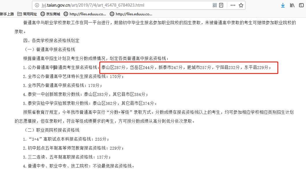 2019年山东泰安中考各县区普通高中录取分数线