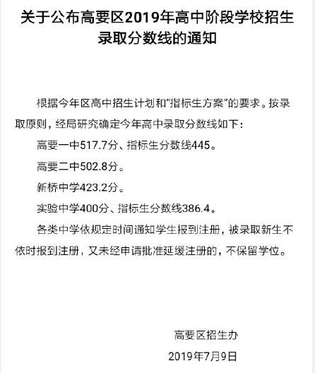 2019年广东肇庆高要区中考高中录取分数线