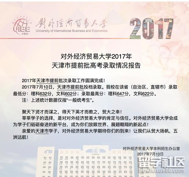 对外经济贸易大学2017天津提前批高考录取分数线